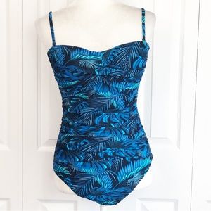 NWT Relleciga Blue Tropical Leaf Print Ruched One Piece Swimsuit Medium